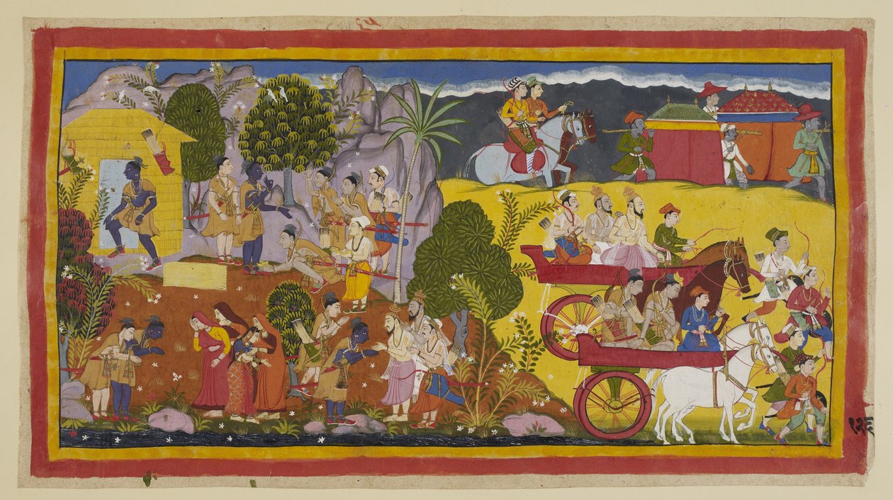 Legg til 15296 (1) f.126r, Til tross for bønn fra hans bror om å vende tilbake for å styre Ayodhya, står Rama Ramains fast i å følge sin fars befaling. Han klarer til slutt å overtale Bharata til å styre kongeriket til han kommer tilbake etter fjorten år.  av Indian School