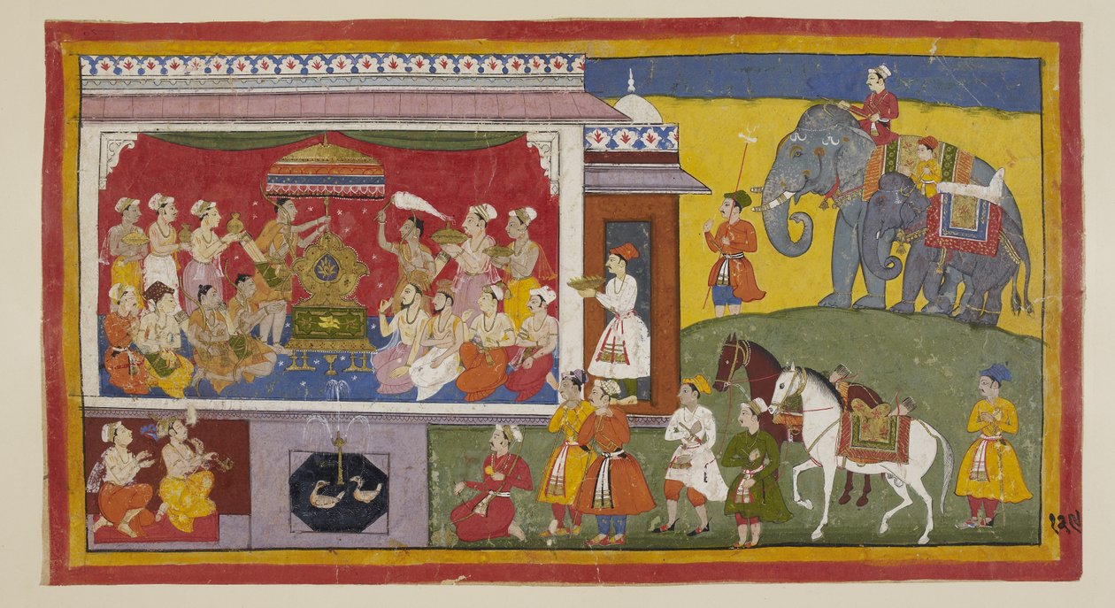 Legg til 15296 (1) f.129r, I tronsalen ved NandigRama plasserer Bharata Ramas sandaler på tronen og sammen med de forsamlede prestene og prestene innsetter de dem som hersker over Ayodhya. De blir heretter behandlet som Rama selv. De to prinsene i deres av Indian School
