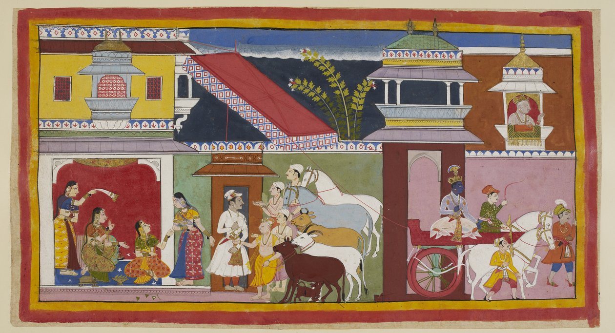Legg til 15296 (1) f.13r, Til høyre forlater Rama Dasarathas palass i en vogn for å returnere til sitt eget palass, mens kongen ovenfor ser ut av et teppebelagt jharokha-vindu på sin avgående sønn; til venstre, menn som bringer nyheter om Ramas opphøyelse  av Indian School