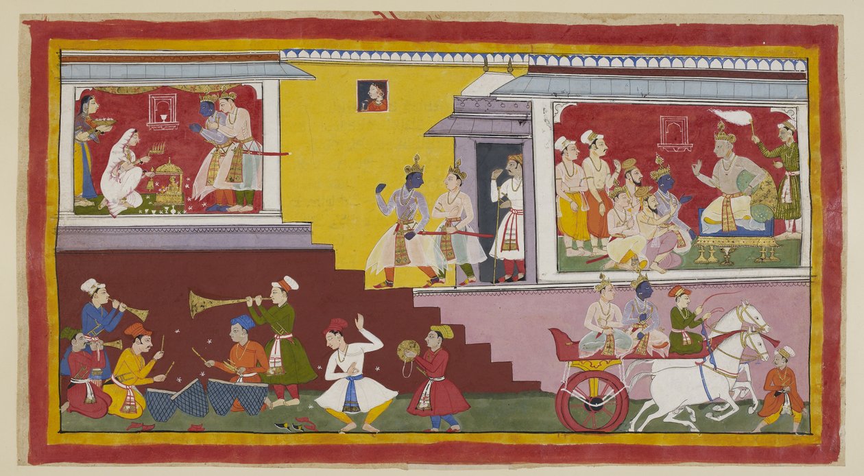 Legg til 15296 (1) f.14r, Til høyre forteller Dasaratha igjen Rama at han vil gjøre ham til konge, med Vasistha, Laksmana, en annen brahmin og ministre til stede. Rama og Laksmana forlater deretter kongen for å påkalle Kausalya til venstre, som, kledd i hv av Indian School