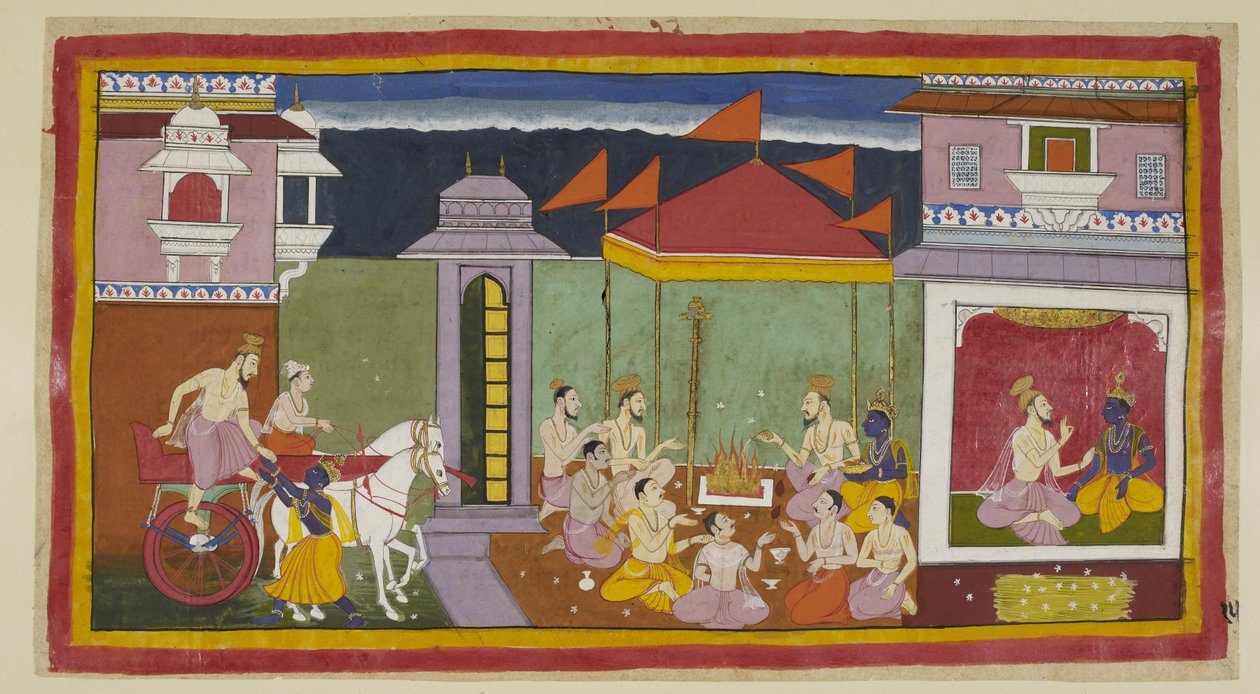 Legg til 15296 (1) f.15r, Til venstre ankommer Vasistha Ramas palass og stiger med Ramas hjelp av vognen hans, og til høyre, sittende sammen med Rama, råder han ham til å holde en faste den natten som instruert av kongen. En haug med kusa-gress til Rama og av Indian School