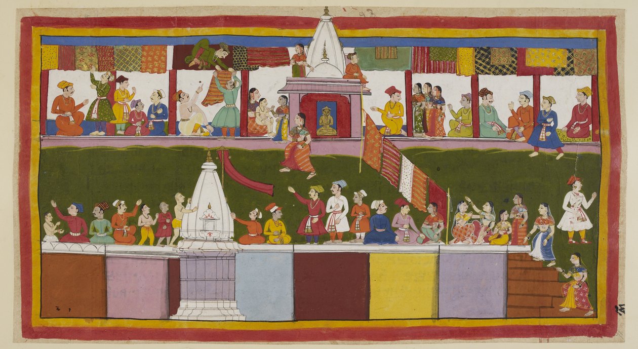 Legg til 15296 (1) f.16r, I hovedgaten i byen Ayodhya pynter de spente kjøpmennene butikkene sine med sine fineste brokader, mens folk klatrer på toppen av husene og over templene for å sikre beste utsikten over kroningen proc av Indian School