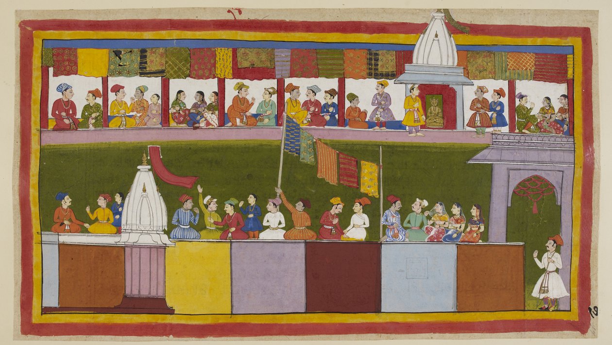 Legg til 15296 (1) f.17r, Den samme gaten i byen Ayodhya er nå fullt dekorert, med folk som venter på prosesjonen. De forteller hverandre hvor klok kongen er og hvor heldige de er som har Rama som sin nye beskytter. av Indian School