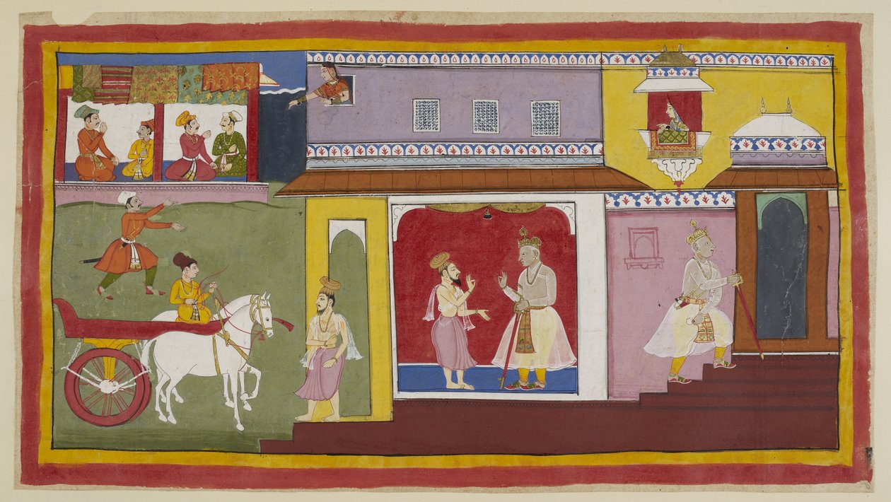 Legg til 15296 (1) f.18r, Vasistha vender tilbake til palasset og forteller Dasaratha at alt er forberedt for seremonien. Dasaratha trekker seg tilbake til et indre kammer i palasset. Ovenfor ser Kaikeyis tjener Manthara ut av et øvre vindu og observerer s av Indian School