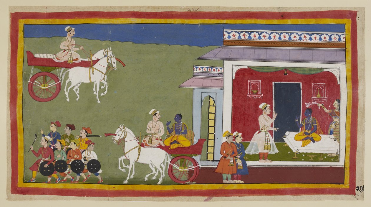 Legg til 15296 (1) f.29r, Sumantra ankommer i en vogn til Ramas palass, finner ham sittende på en sofa, nå kledd i gul dhoti og uttaraiya i stedet for hans tidligere samtidige kostyme, og med Sita som vifter med et skjerf over seg. Brynet hans er salvet me av Indian School