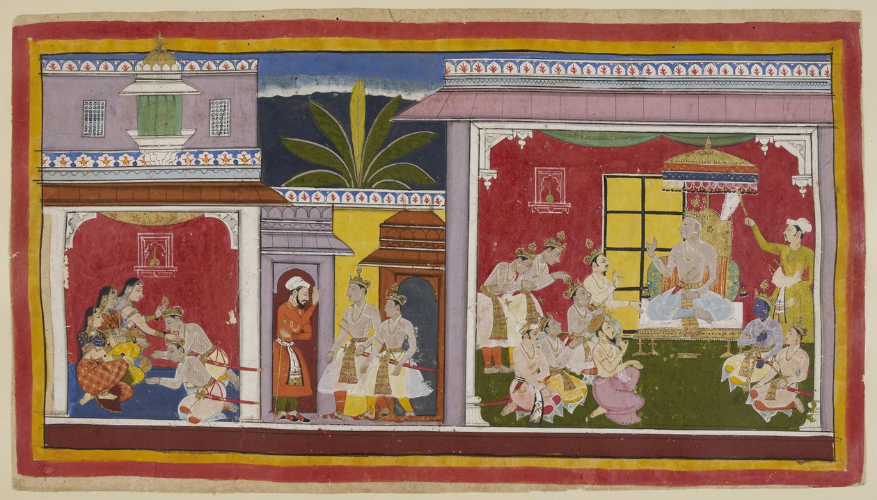 Legg til 15296 (1) f.2r, I tronsalen i Ayodhya (til høyre) sitter kong Dasaratha med sine fire sønner, sin minister Sumantra og sin yppersteprest Vasistha. Yudhajit, dronning Kaikeyis bror og Bharatas onkel på morssiden, har kommet for å ta Bharata på besø av Indian School