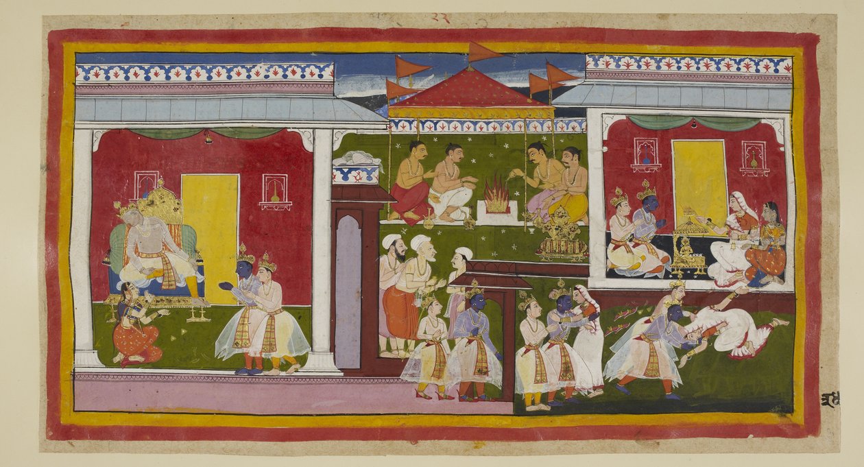 Legg til 15296 (1) f.34r, Rama aksepterer sin forvisning med fullkommen sinnsro, og han og Laksmana tar avskjed med Kaikeyi og Dasaratha, som med nedslått hode og avvendt blikk ikke kan få seg til å se på sønnen. Han og Laksmana forlater Kaikeyis palass og av Indian School