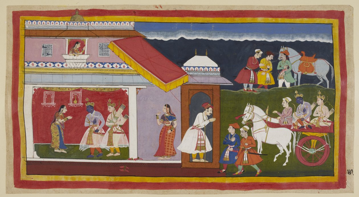 Legg til 15296 (1) f.41r, Etter å ha overtalt moren og broren til å rolig akseptere skjebnen hans, vender Rama og Laksmana tilbake til sitt eget palass i vognen, og Ramas hode bøyes i sin vanlige ydmykhet. De blir møtt av Sita, som først har sett ham fra e av Indian School