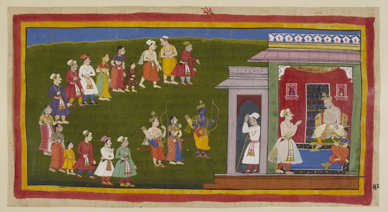 Legg til 15296 (1) f.48r, Rama og Laksmana, kledd som før, men bevæpnet med sverd, bue og piler, akkompagnert av Sita, har gått ydmykt gjennom gatene myldret av sørgende mennesker til sin fars palass. Sumantra kunngjør dem til den tronende Das av Indian School