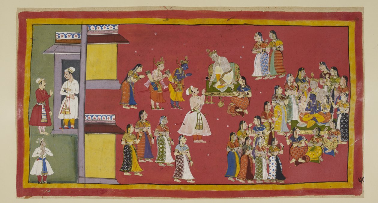 Legg til 15296 (1) f.50r, Dasaratha hadde tidligere beordret Sumantra å tilkalle sine dronninger og alle hans koner, som nå omgir kongen når Sumantra henter de landflyktige inn for å ta farvel. Dasaratha prøver å overtale Rama til ikke å gå til skogen, sel av Indian School