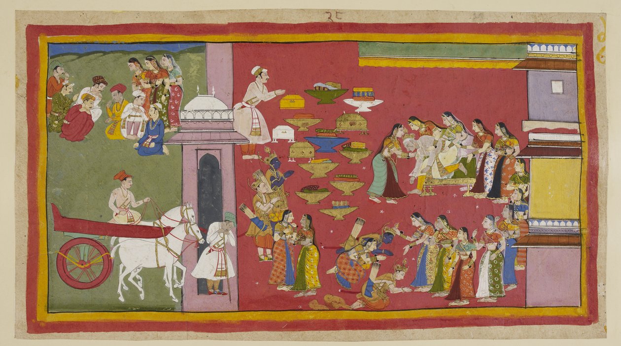 Legg til 15296 (1) f.53r, Til høyre, da han ser sønnene og Sita kledd i barkklær, mister Dasaratha bevisstheten og faller fra tronen. De tre eksilene kneler foran dronningene. Sita blir omfavnet av Kausalya, som minner henne unødvendig på at hennes graner av Indian School