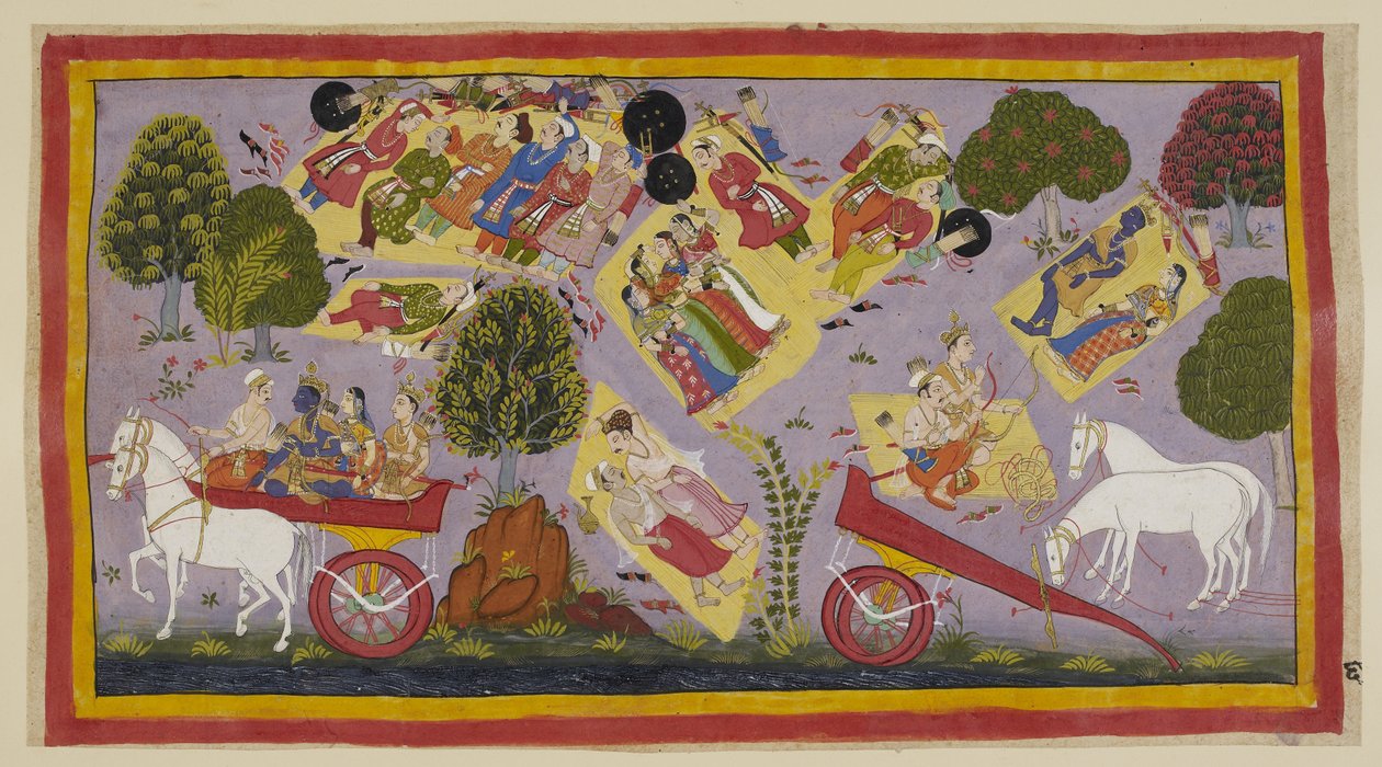Legg til 15296 (1) f.61r, De landflyktige har nådd Tamasa-elven og tilbringer natten på dens bredder, fortsatt omgitt av de sørgende byens innbyggere. Sita og Rama ligger og sover på en gressleie, mens Laksmana og Sumantra snakker om Ramas dyder, og hesten av Indian School