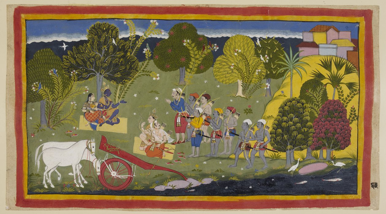 Legg til 15296 (1) f.63r, følgesvennene har nådd elven Ganga ved Srngaverapura Rama og Sita sitter på en matte av halm under et tre, ment å være et Ingudi-tre, mens Laksmana og Sumantra sitter på samme måte vendt mot dem. Hestene har vært ufarlige av Indian School