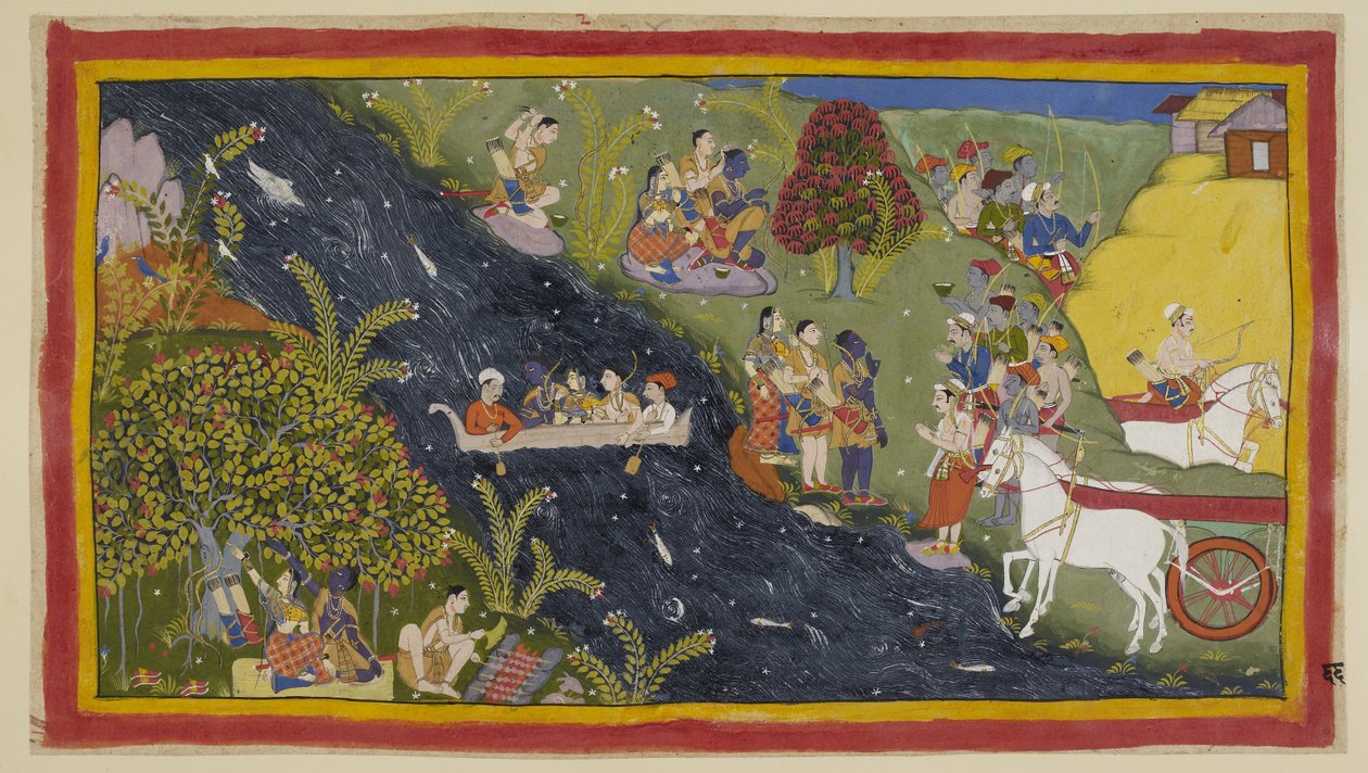 Legg til 15296 (1) f.66r, ledsagerne har nådd elven Ganges og Guha, Nisada-høvdingen, har kommet for å hilse på dem sammen med noen av hans folk fra deres nærliggende by. Rama ber ham om å skaffe en båt slik at de kan krysse elven. Han forteller Sumantra t av Indian School