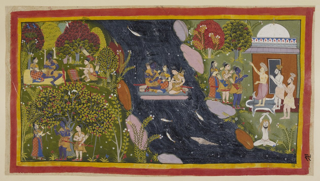 Legg til 15296 (1) f.69r, Bharadvaja, til høyre i sin eremitage, gir de reisende beskjed om veien til Citrakuta. I sentrum krysser de Yamuna på en improvisert flåte, mens Sita ber igjen til gudinnen til elven for en trygg retur, og på av Indian School