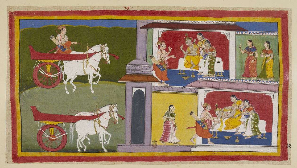 Legg til 15296 (1) f.72r, Til venstre vender Sumantra tilbake til Ayodhya og går inn i palasset for å gi Ramas siste beskjed til kongen, som sitter med Kausalya og Sumitra ved siden av seg. Kongen faller i svime og blir fanget av Sumantra og dronningene. av Indian School