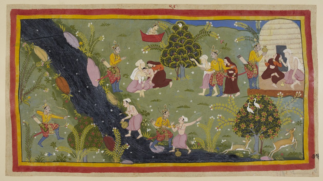 Legg til 15296 (1) f.79r, Dasaratha forteller dronningene om hendelsen i ungdommen da han ved et uhell drepte en vismanns sønn mens han jaktet. Til venstre retter Dasaratha feilaktig buen sin gjennom trær mot ungdommen, som fyller vannkannen sin på den and av Indian School
