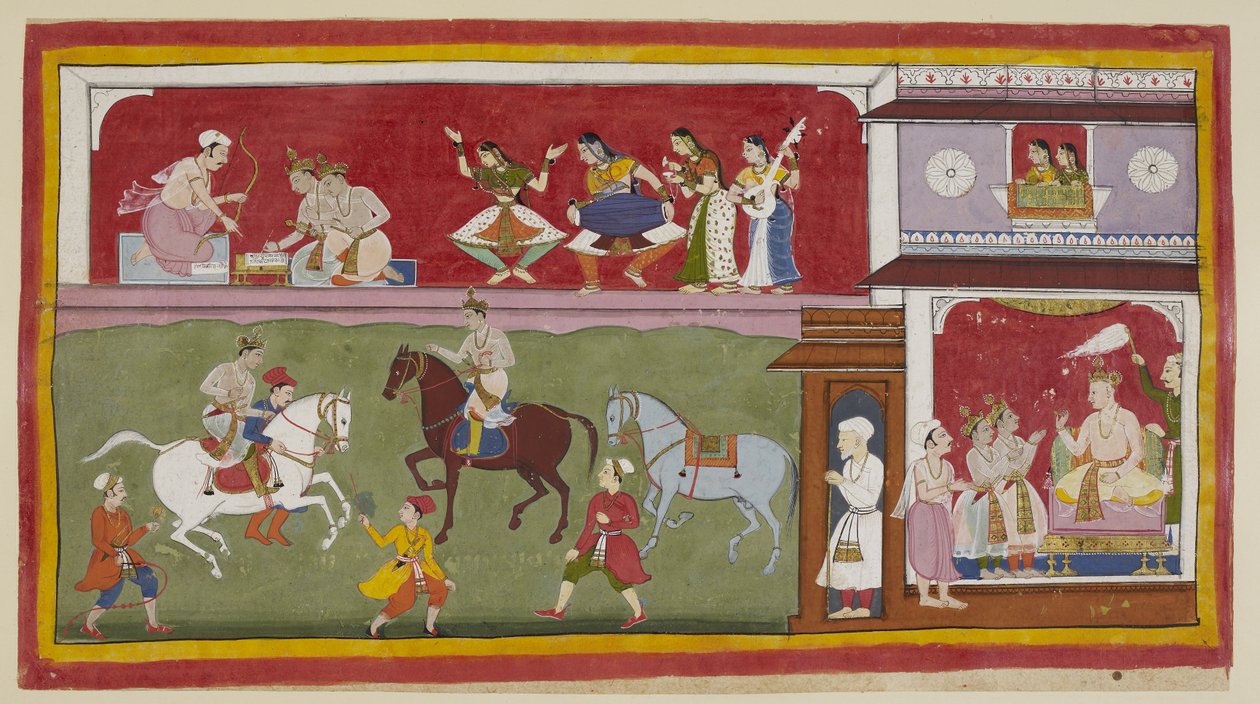 Legg til 15296 (1) f.7r, Til høyre i palasset ber prinsene kongen om lærere i religion, kunst og vitenskap, mens over to damer ved et teppebelagt jharokha-vindu ser ned på dem til venstre mens de øver ridning på treningsplassen. av Indian School