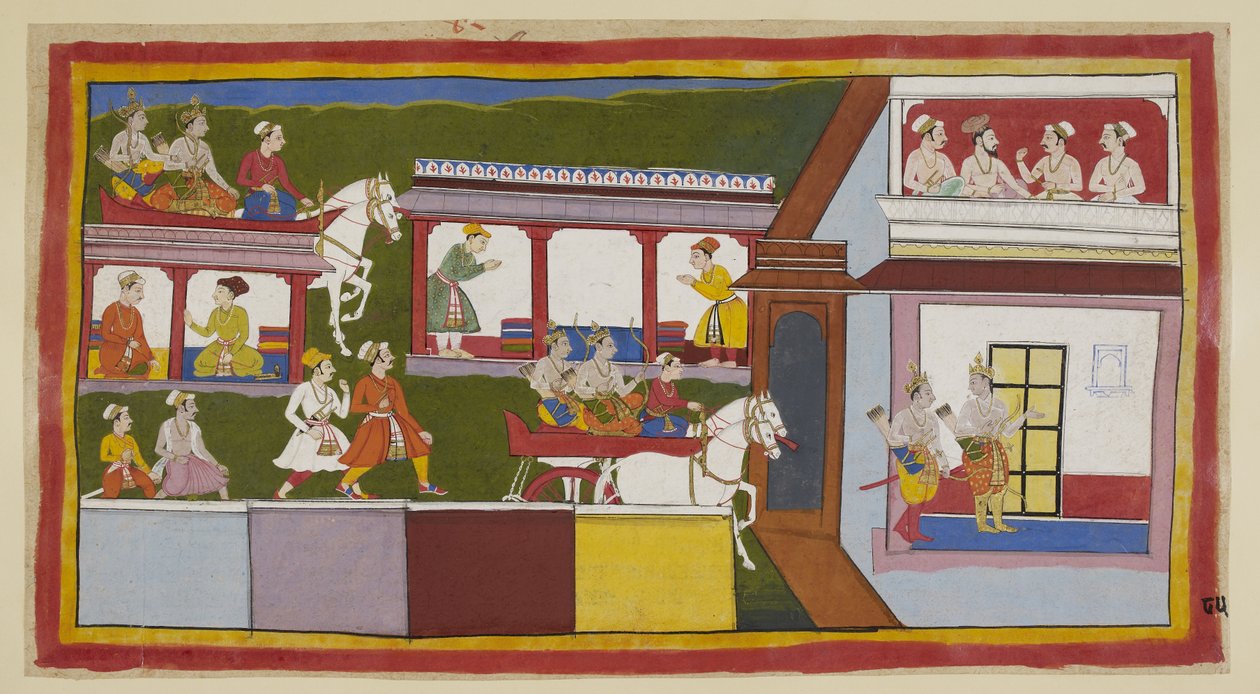 Legg til 15296 (1) f.85r, Prinsene i vognen deres kjører gjennom hovedgaten ved Ayodhya, lurer på endringen i byen siden de forlot den, og går deretter inn i palasset med spørrende bevegelser. I et øvre rom samles en brahmin og tre ministre av Indian School