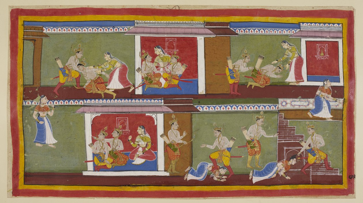 Legg til 15296 (1) f.89r, Øverst til høyre hilser Bharata og Shatrughna på Kaikeyi, som tar dem på fanget, og de snakker om nylige hendelser. Bharata faller besvimende når han hører om farens død og hva moren har gjort for å sikre av Indian School