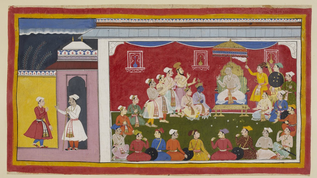 Legg til 15296 (1) f.8r, Dasaratha sitter på sin trone i full durbar, med Rama og Laksmana knelende ved siden av ham, mens budbringeren sendt av Bharata fra bestefarens hoff forteller Sitae-kongen hvor flittig hans to andre sønner studerer. En ring på ca av Indian School