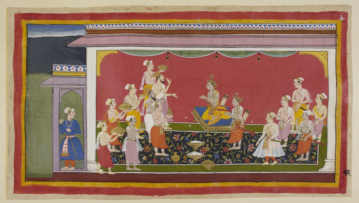 Legg til 15296 (1) f.96r, Bharata og Shatrughna har utført farens begravelsesritualer, og fjorten dager senere, etter den foreskrevne sørgeperioden, bringer prestene ledet av Vasistha og ministre de nødvendige artikler for kroning til Bharata i av Indian School
