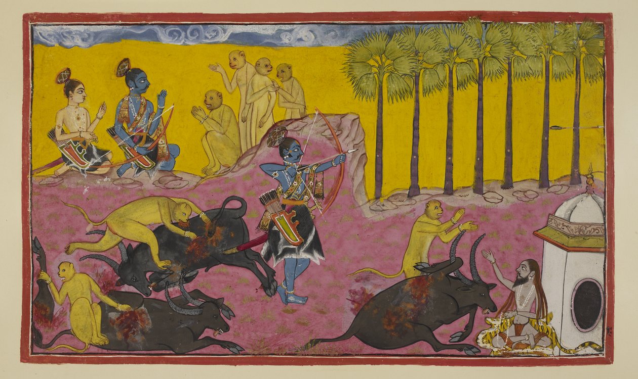 Legg til 15296 (2) f.12r, Sugriva og apene hans, sett øverst til venstre, fortsetter å fortelle Rama og Laksmana historien om Bali og Dundubhi. Bali var så mektig at han klarte å rive demonens lem fra lem og deretter kaste kadaveret opp i luften. U av Indian School