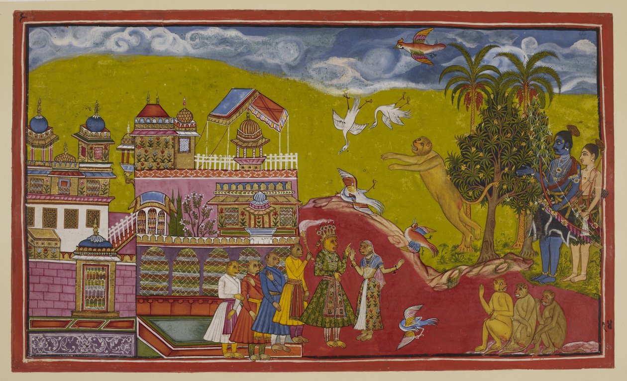Legg til 15296 (2) f.14r, Sugriva og hans allierte har kommet til Balis palass ved Kiskindha. Sugriva brøler utfordringen sin til en slik effekt at fuglene faller ut av himmelen i skrekk. Bali, hans dronning Tara og hans ministre har dukket opp etter å ha  av Indian School