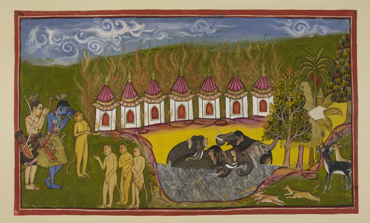 Legg til 15296 (2) f.15r, Sugriva har blitt beseiret og bebreider Rama for ikke å hjelpe ham, men Rama forteller ham at han ikke var i stand til å skille mellom ham og broren. På vei tilbake til Kiskindha for å fornye utfordringen hans, hilser Rama og Laks av Indian School