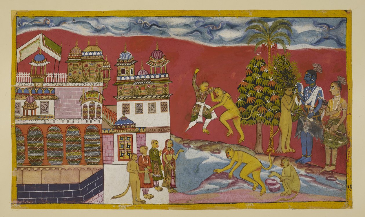 Legg til 15296 (2) f.16r, Tilbake utenfor palasset til Kiskindha av Indian School