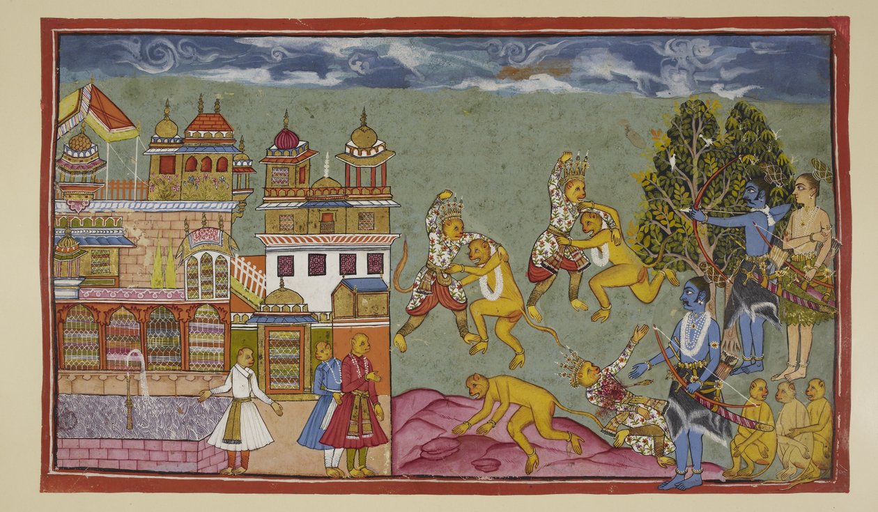 Legg til 15296 (2) f.18r, Utenfor palasset buffer Sugriva og Bali hverandre rasende med never og spiker og river deretter opp trær og steiner, men Bali er sterkere og sakte tvinges Sugriva til å gi jord. Når Rama ser at Sugriva taper, k av Indian School