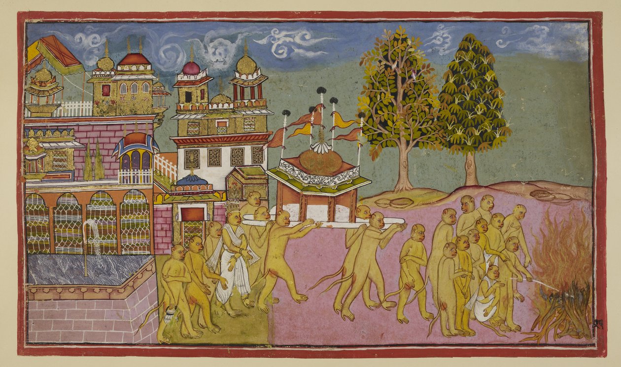 Legg til 15296 (2) f.25r, Liget til Bali, dekket i hvitt, bæres i en kuppelformet og flagget palass fra palasset og fortært i et begravelsesbål, med Sugriva og Angada som leder begravelsesritualene. av Indian School