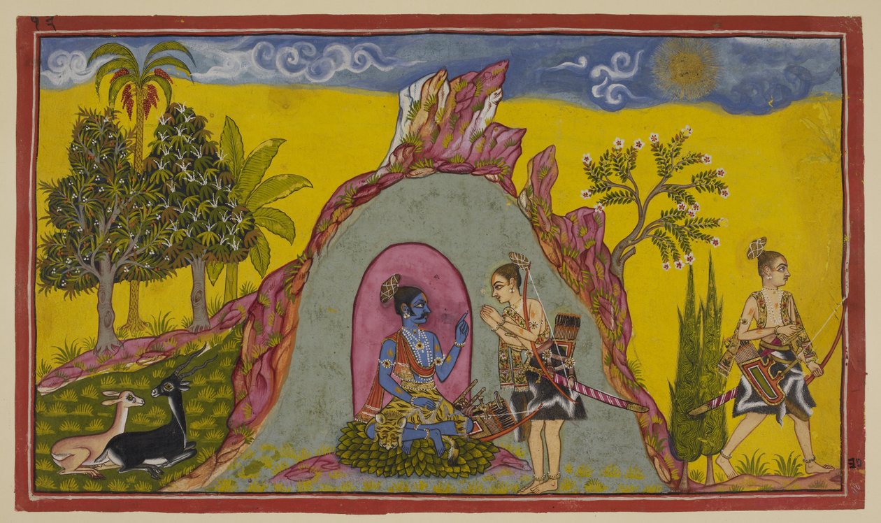 Legg til 15296 (2) f.30r, På fjellet Prasravana, venter de to prinsene til høstens ankomst og sesongen for å gå i krig, mens de i mellomtiden nyter skjønnheten til floraen og faunaen på fjellet og underverkene i regntiden. Men en gang enthr av Indian School