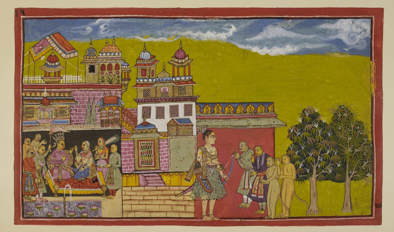 Legg til 15296 (2) f.34r, Laksmana, fortsatt ved portene til Kiskindha , blir ønsket velkommen av Sugrivas ministre, mens Sugriva inne i palasset blir veiledet av sine ministre og Tara . av Indian School