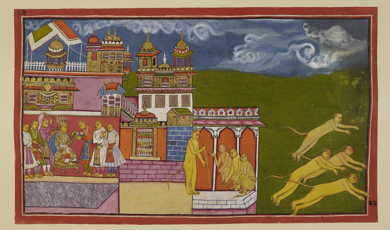 Legg til 15296 (2) f.36r, I denne litt malplasserte illustrasjonen har Sugriva sittende på tronen sin og akseptert en drink fra en ledsager blitt rådet av Hanuman til å dempe Laksmanas vrede. Sugriva har på Hanumans oppfordring sendt ut budbringere for å t av Indian School