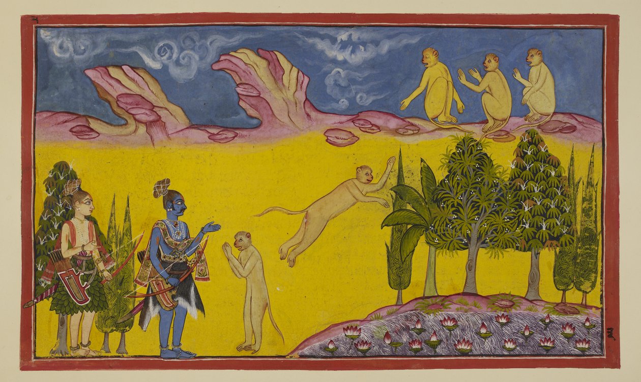 Legg til 15296 (2) f.3r, Sugriva er først skremt, og tenker at disse væpnede krigerne har blitt sendt av hans tilranende bror Bali for å ødelegge ham. Han sender sin kloke minister Hanuman for å finne ut mer om de to fremmede. Hanuman introduserer seg selv av Indian School