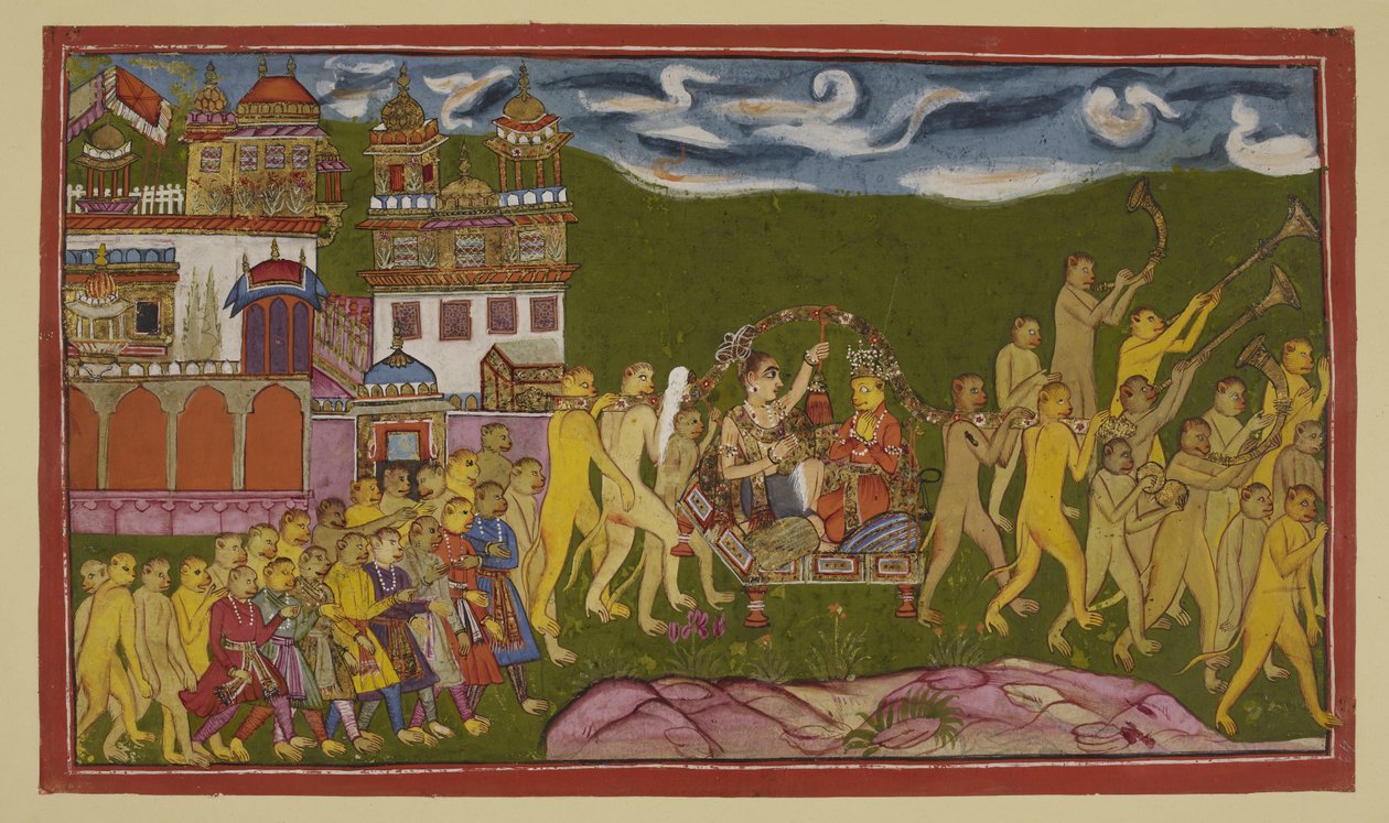 Add 15296 (2) f.43r, Sugriva og Laksmana blir formidlet i et gyldent kull, båret av aper, fra Kiskindha av Indian School
