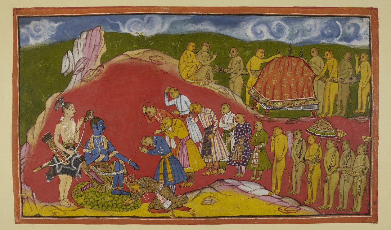 Legg til 15296 (2) f.44r, Rama som sitter på et sete med lotusblader i hulen sin, med Laksmana stående ved siden av seg, er overlykkelig over å se den enorme hæren av aper som Sugriva har tatt med seg. Sugriva faller for Ramas føtter og apekattene respekte av Indian School