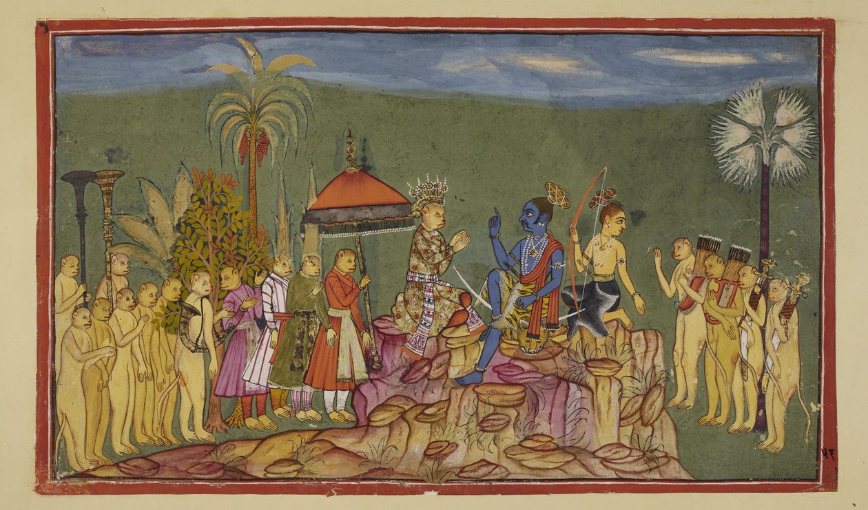 Legg til 15296 (2) f.56r, spør Rama Sugriva, som tidligere hadde beskrevet verdens fire kvartaler, hvordan han ble så godt kjent med dem. Sugriva forteller ham at han ble jaget gjennom de fire kvartalene av broren Ba av Indian School