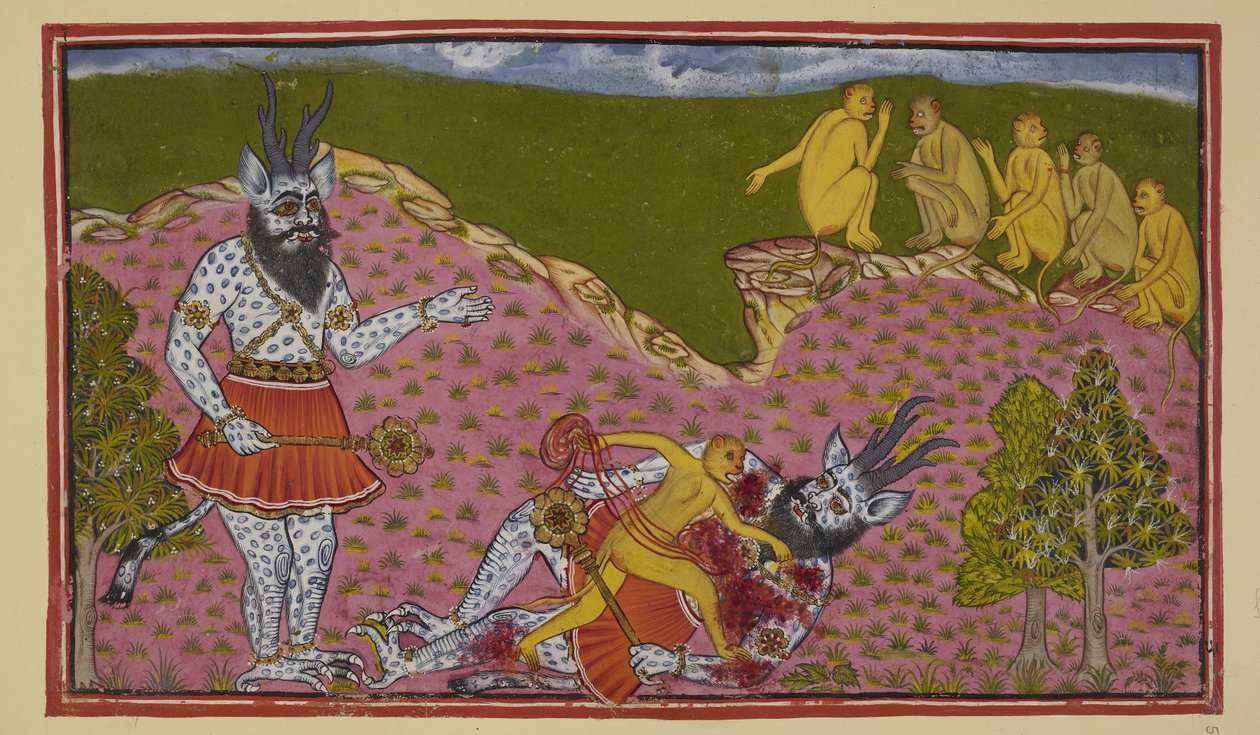 Legg til 15296 (2) f.59r, Apene som dro sørover, inkludert Hanuman og Angada, kommer over en enorm asura (demon), blå og skjellete, med horn og en mace. Angada tror han er Ravana, og slår ham i bakken og fjerner ham, mens de andre apene ser på av Indian School