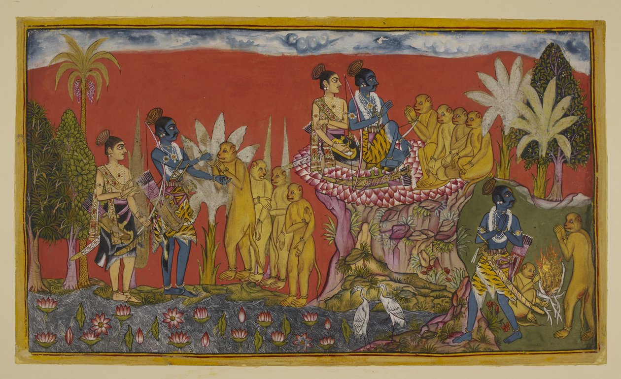 Legg til 15296 (2) f.5r, Hanuman bringer nå Rama og Laksmana inn i nærvær av Sugriva på fjellet. Rama og Sugriva slår i hendene som et tegn på deres vennskapsløfte, overvåket av Laksmana og de andre apene; og så, i en lignende ånd, går de to av Indian School