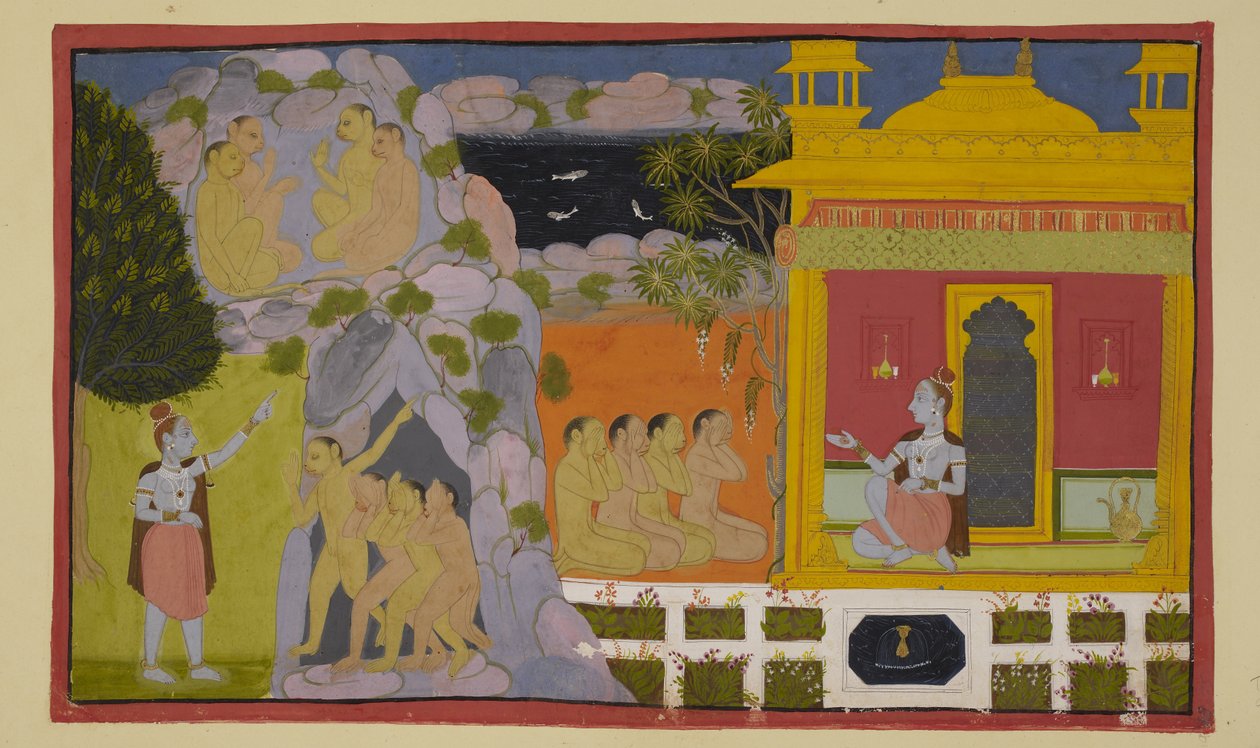 Legg til 15296 (2) f.64r, Apene har fortalt Svayamprabha om deres søk etter den savnede Sita, og hun har fortalt dem om hulens mysterium og hvordan hun kom til å bo på det fantastiske stedet. Apene er redde for Sugrivas vrede hvis de utsetter sin av Indian School