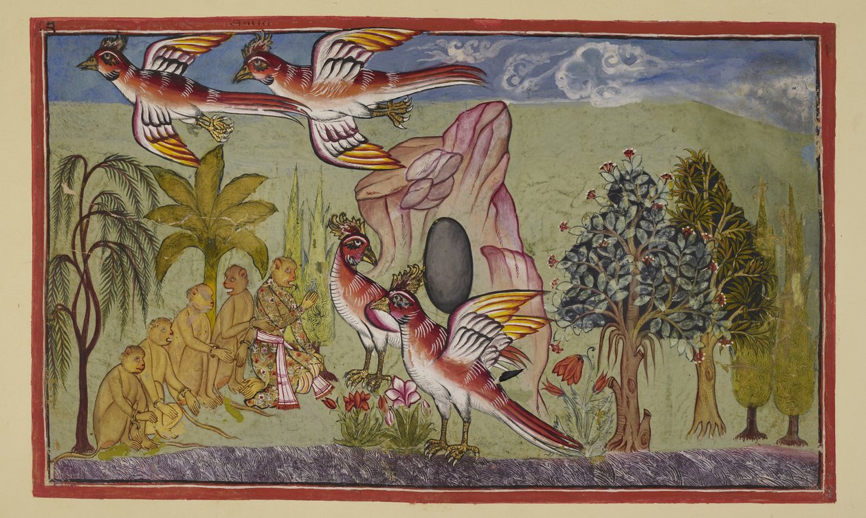 Legg til 15296 (2) f.74r, Sampatis vinger vokser igjen, i samsvar med profetien om at de ville gjøre det når han hadde ytet en tjeneste for verden ved å lære hvor Sita var blitt tatt, og derved gjort det mulig for Rama å gjenopprette henne. Apene utbryter  av Indian School