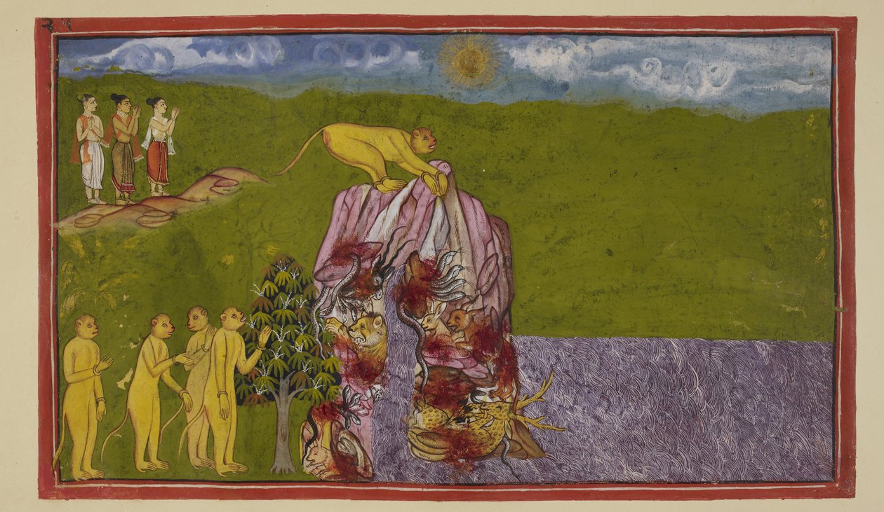 Legg til 15296 (2) f.81r, På kysten av det store havet var apene forferdet over hvordan de kunne krysse det for å nå La?k?. Angada spurte dem alle hvor langt de kunne hoppe, men ingen var sikre på å hoppe så langt, før Jambavan oppfordret Hanuman, s av Indian School