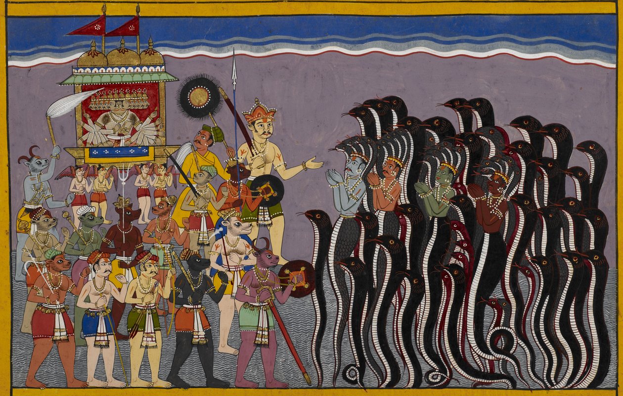 Legg til 15297(2) f.43r Ravana går ned i vannområdene eller rasatala, helvete som ligger på bunnen av havet. Vasuki, vannguden og nagaene er avbildet med hendene sammen og blir underkuet av Ravana i vognen hans som er omgitt av demo av Indian School