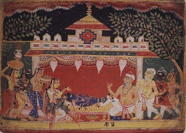 Tilbedelse av spedbarnet Krishna fra en spredt 