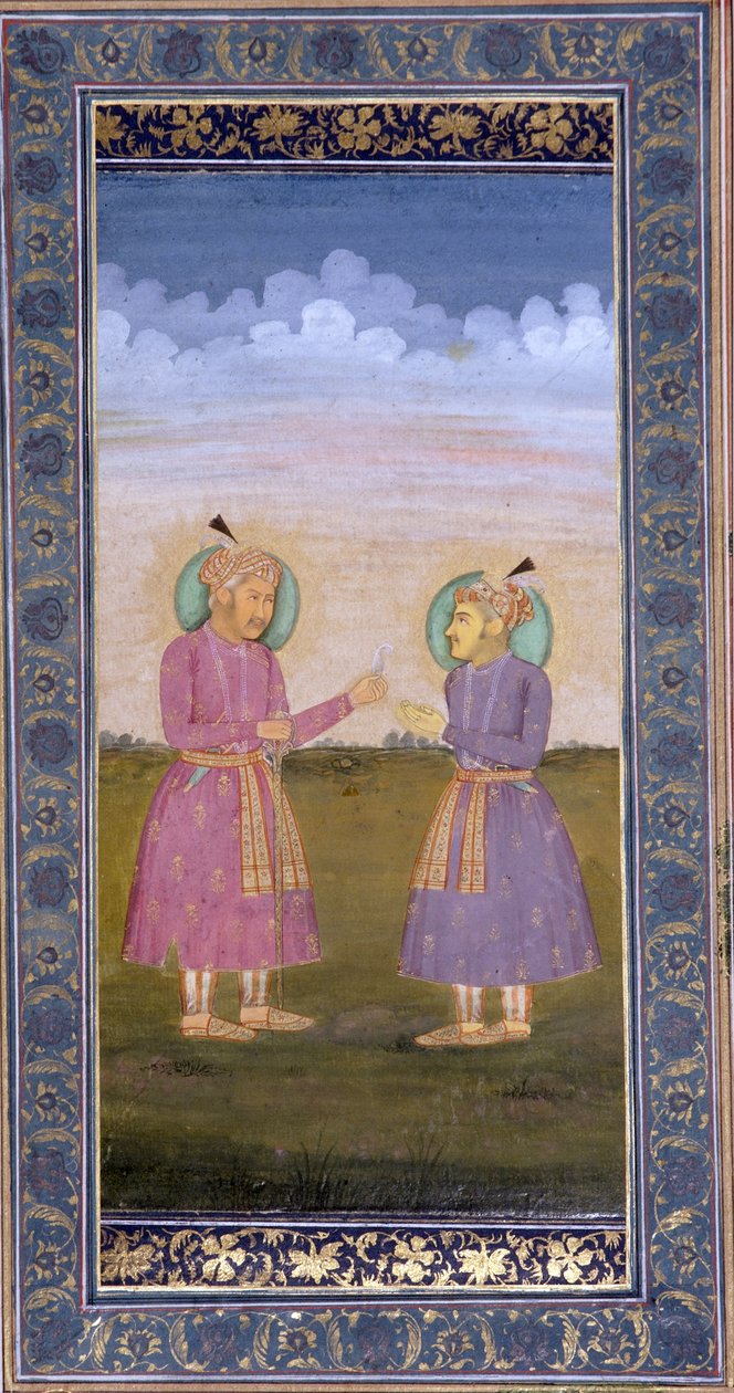 Akbar gir en juvelbesatt fjær til sønnen Jahangir, ca. 1845 (ugjennomsiktig wc og gull på papir) av Indian School