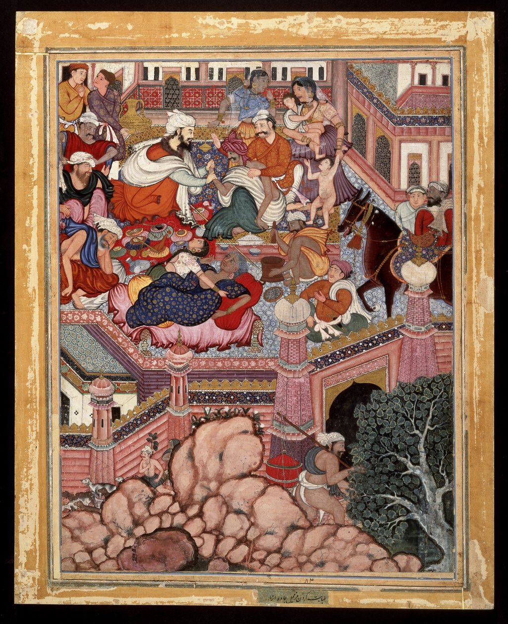 Amr, forkledd som kirurgen Mazmahil, praktiserer kvakksalveri på trollmennene i Antali, ca. 1570 (ugjennomsiktig akvarell og gull på bomull) av Indian School