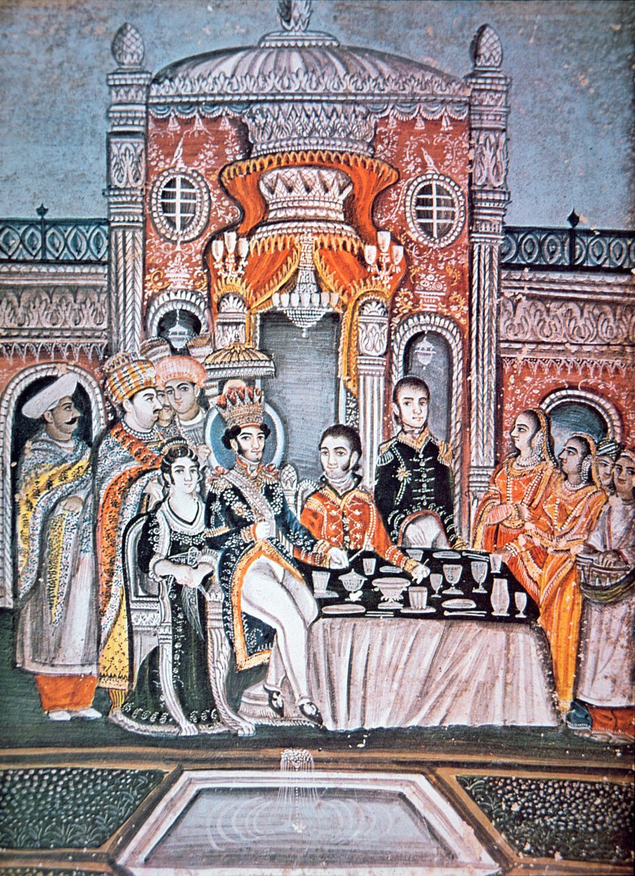 En indisk prins underholder britiske embetsmenn, ca. 1810 (gouache på papir) av Indian School
