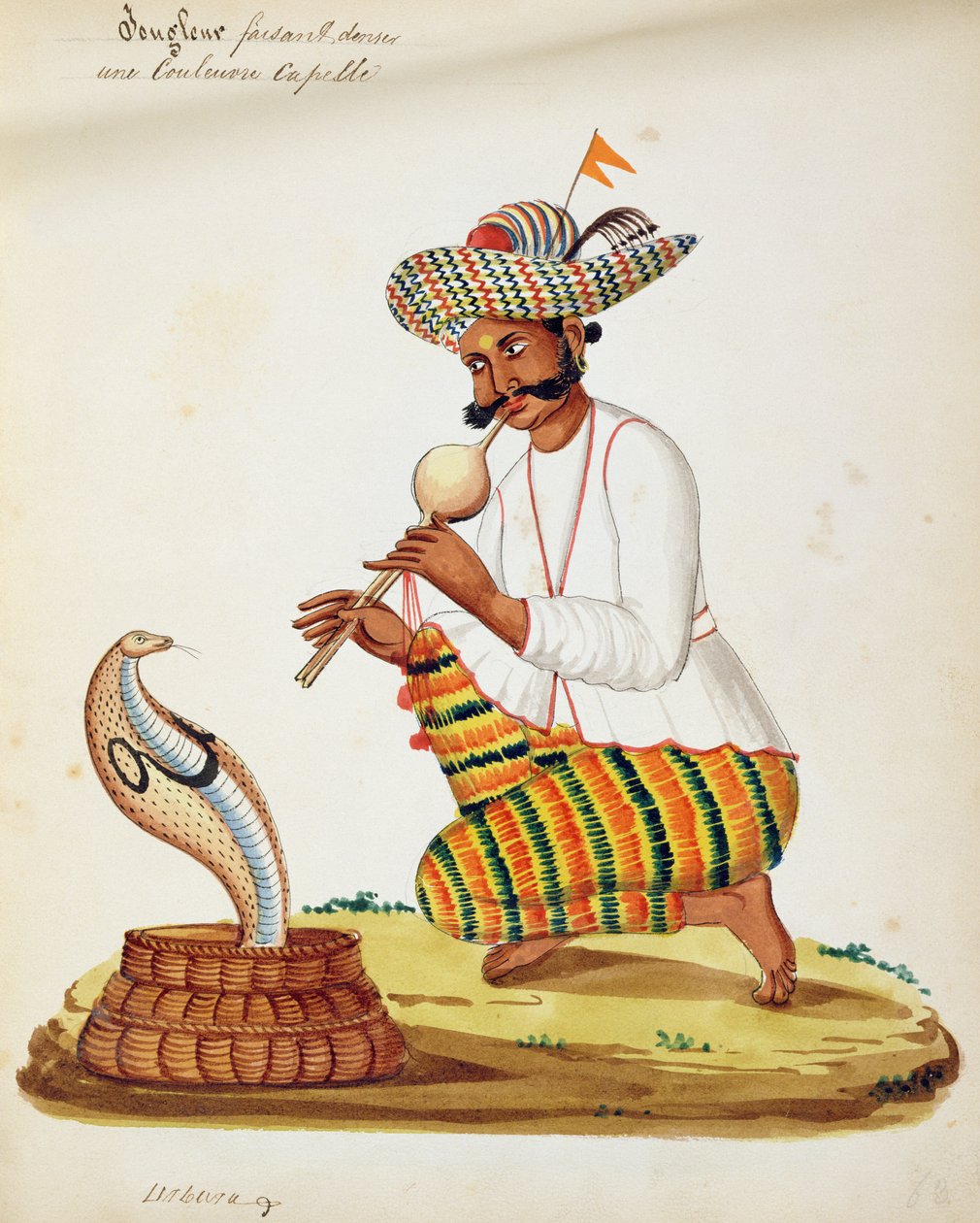 En indisk slangetroller med en kobra, fra et fransk album med tegninger av Indian School